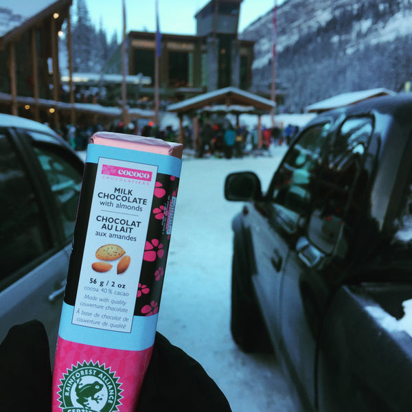 Milk Chocolate Almond bar in a parking lot near a ski chalet