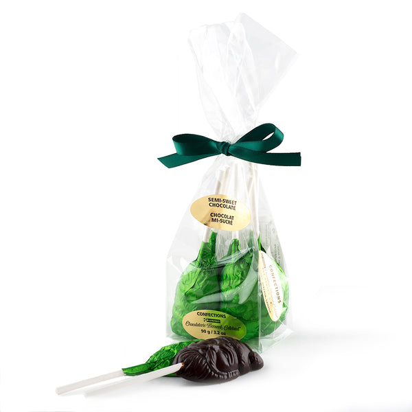 Cello bag of dark chocolate lollipops with green foil, finished with a green ribbon