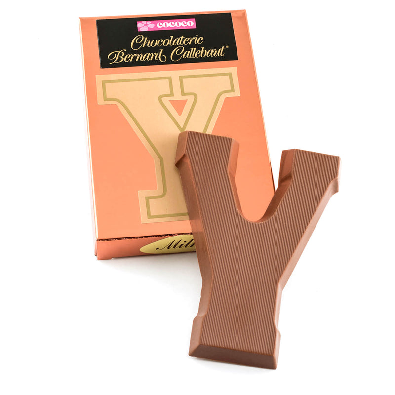 Milk chocolate letter Y on top of it's Chocolaterie Bernard Callebaut®  box