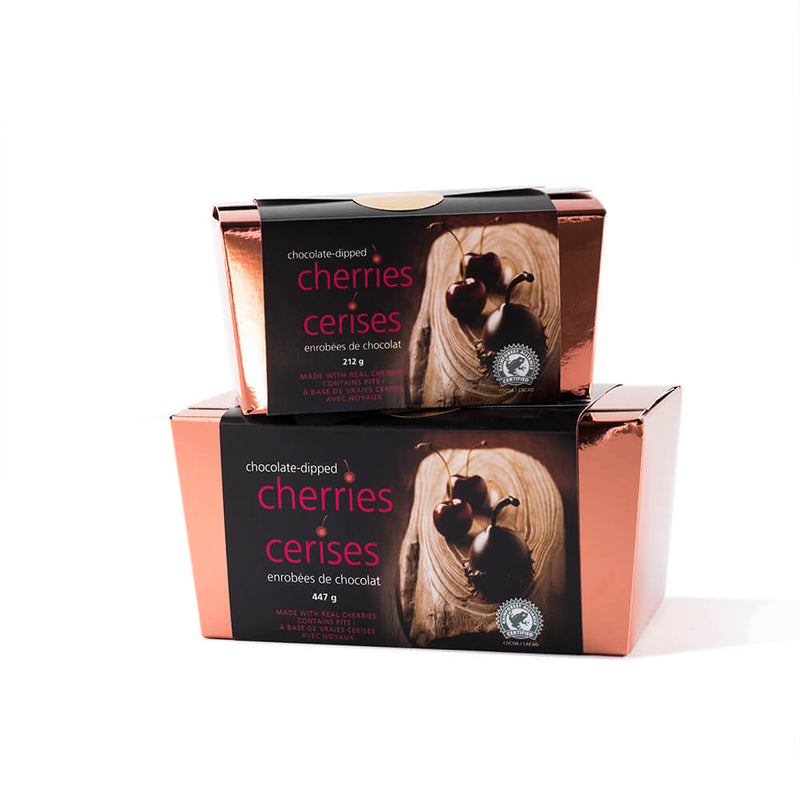 2 stacked copper boxes of chocolate dipped marinated cherries