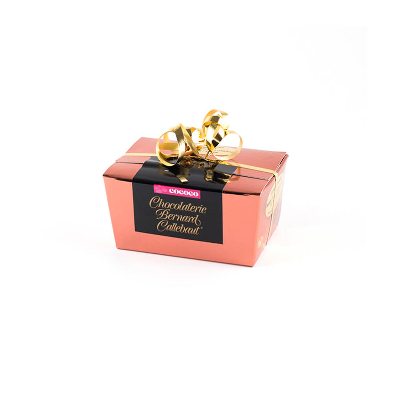 Chocolaterie Bernard Callebaut® copper chocolate box with gold ribbon